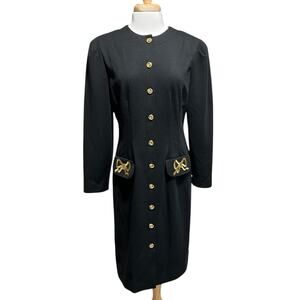 Leslie Fay Vintage 90s Dress Black Embroidered Gold Bows Ornate Button Down 16P